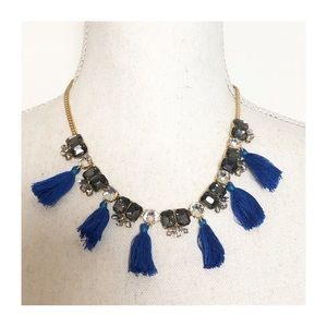 J.CREW | Gold Tone Jeweled Clustered Statement Necklace with Blue Tassels